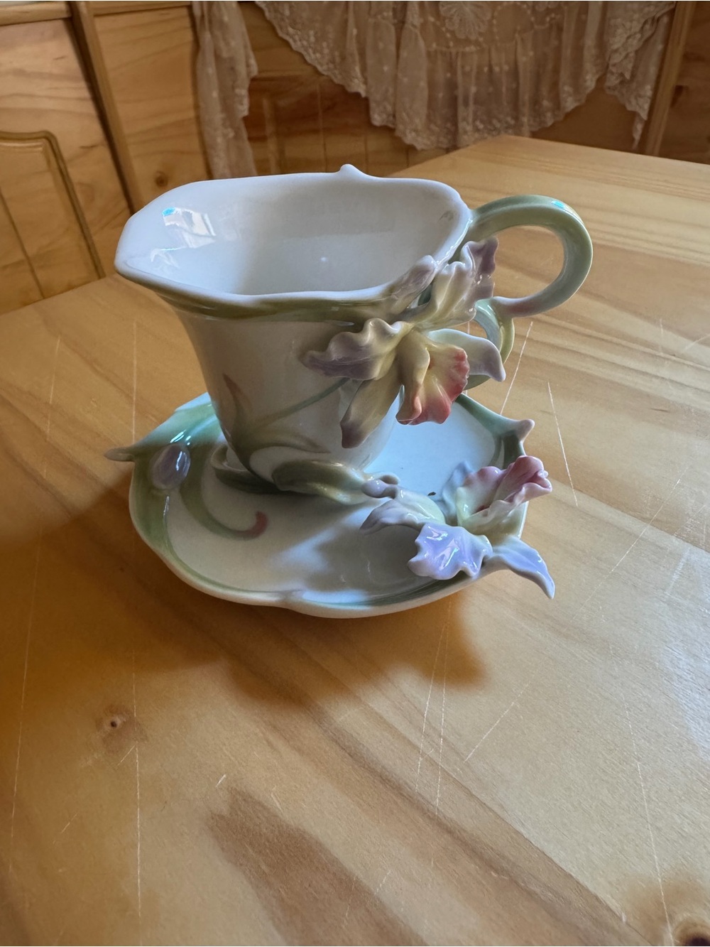 Handcrafted Floral Ceramic Teacup and Saucer in Pastel Green and Pink